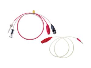 Two wires intertwined with a red cord and a white cord, showcasing a simple yet intricate arrangement of colors and materials.