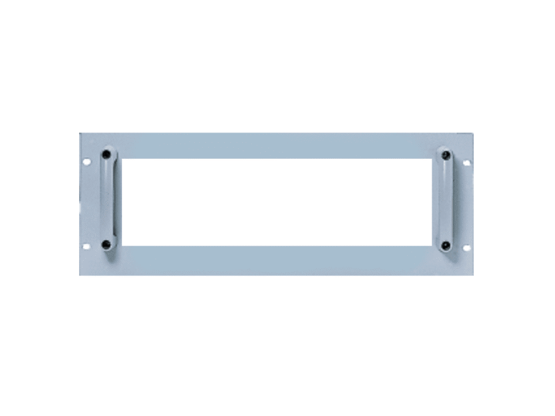 GRA-438.png A white metal plate featuring two holes and secured with two screws, showcasing a simple and functional design.