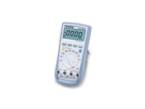 A digital multimeter displayed on a clean white background, showcasing its screen and various measurement settings.