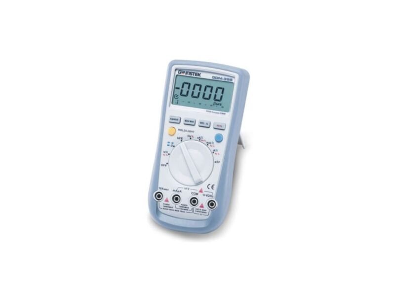 Instek-GDM-398_Digits_Hand-Held_DMM.jpg A digital multimeter displayed on a clean white background, showcasing its screen and various measurement settings.