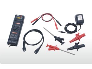 A collection of electrical tools featuring a multimeter, probe, and cables, arranged neatly on a work surface.