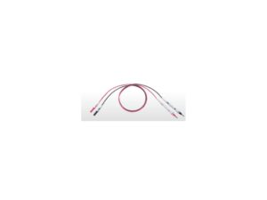 A pair of red and white wires arranged neatly on a clean white background, showcasing their vibrant colors.