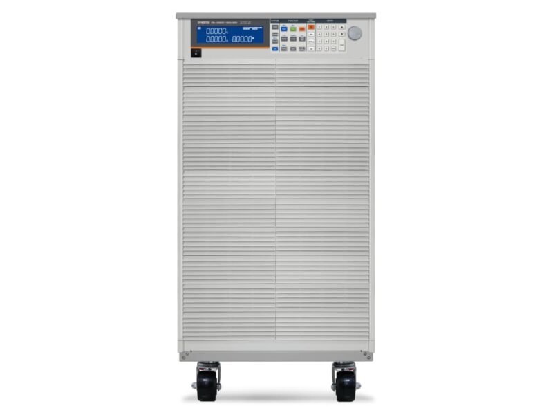 InstekPEL-5020C-1200-800.jpg A large white and gray power supply unit mounted on wheels for easy mobility and transport.