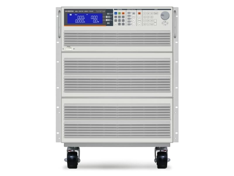 Instek_AEL-5012-350-112.5.jpg A large white and gray power supply unit mounted on wheels for easy mobility and transport.