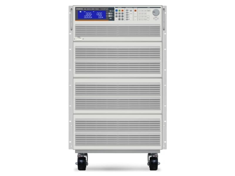Instek_AEL-5015-350-112.5_Image_1.jpg A large white and gray power supply unit mounted on wheels for easy mobility and transport.