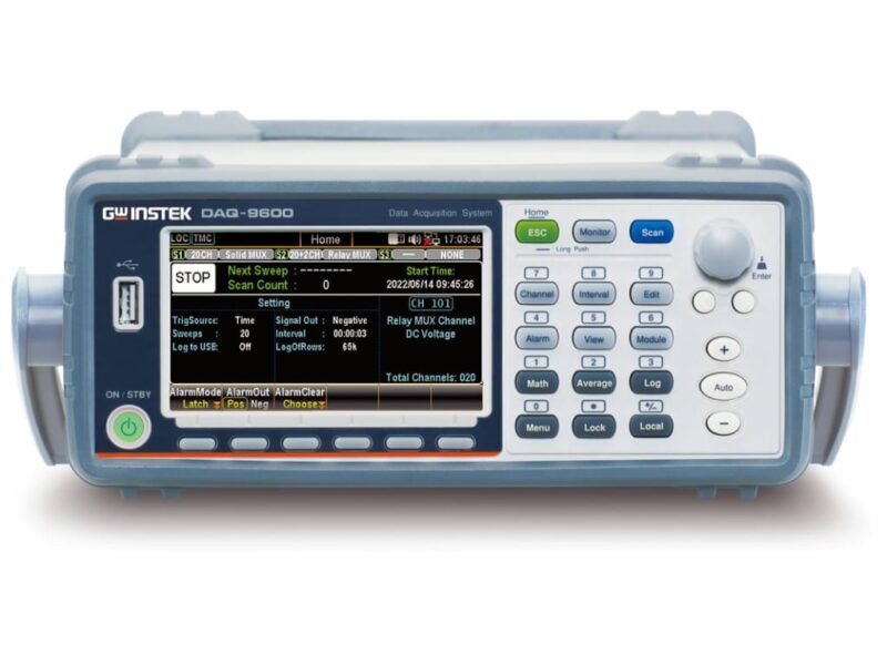 Instek_DAQ-9600_front-02.jpg A digital multimeter displayed on a workbench, showcasing its essential features for measuring electrical values.