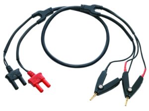 A pair of red and black wires connected to a power supply, illustrating electrical connections in a circuit.