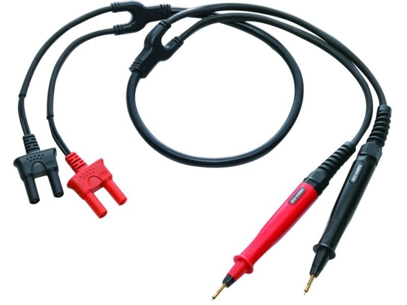 Instek_GBM-02.jpg A pair of red and black wires connected to a power supply, illustrating electrical connections in a circuit.