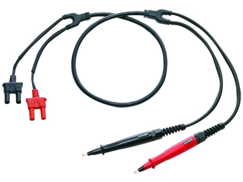 Instek_GBM-03.jpg A pair of red and black wires connected to a power supply, illustrating electrical connections in a circuit.