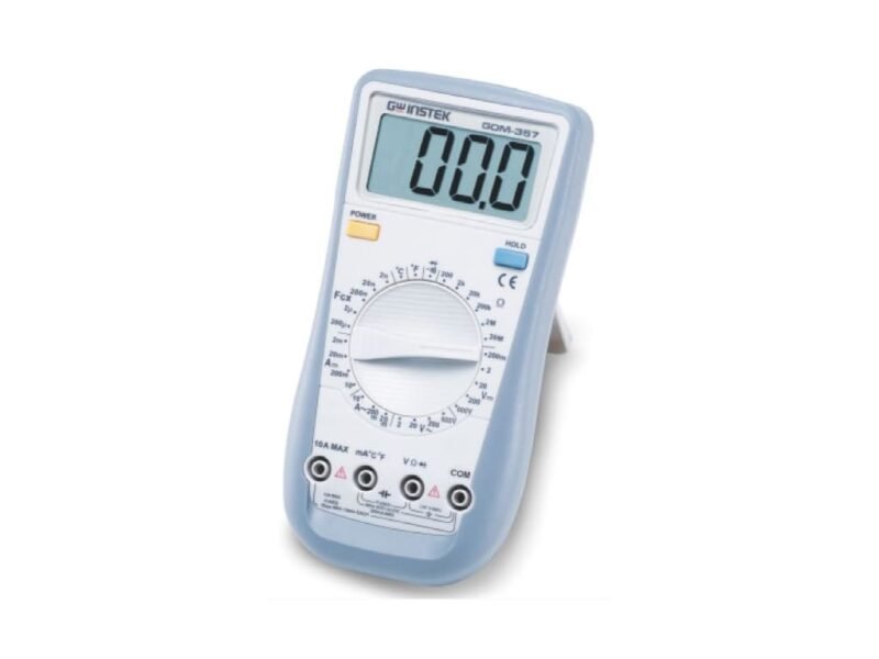 Instek_GDM-357_Digits_Hand_Held_DMM.jpg A digital multimeter displayed on a clean white background, showcasing its screen and various measurement settings.