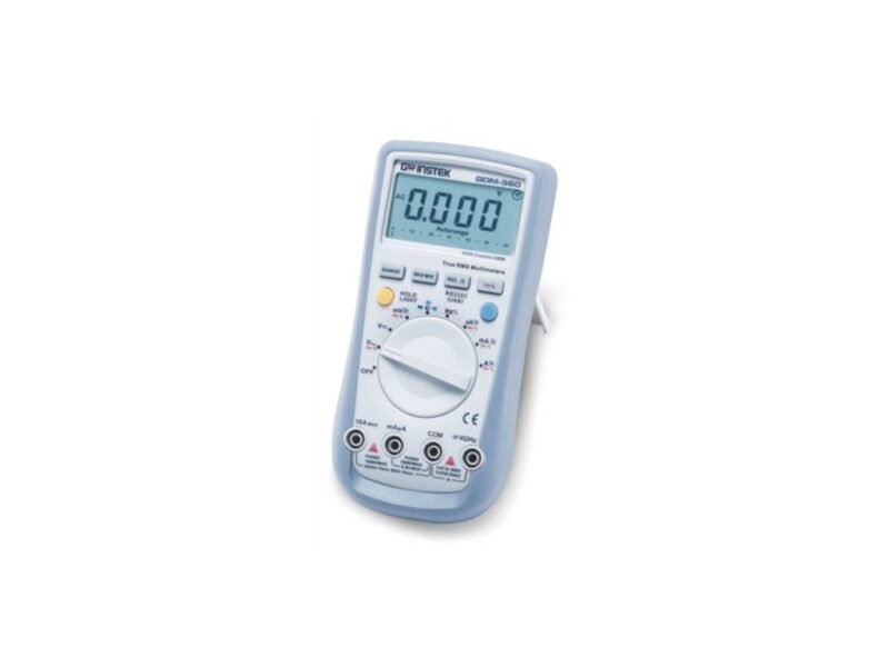 Instek_GDM-360_Digits_Hand_Held_DMM.jpg A digital multimeter displayed on a clean white background, showcasing its screen and various measurement settings.