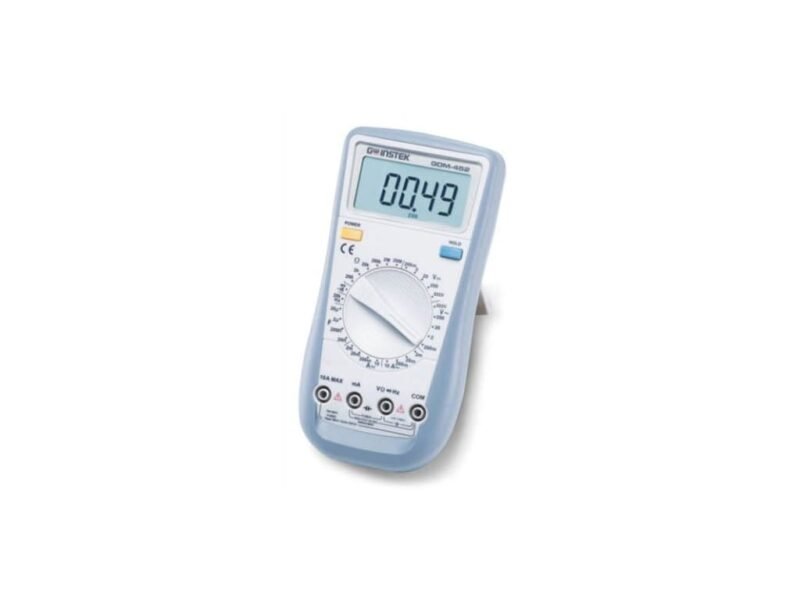 Instek_GDM-452_Digits_Hand-Held_DMM.jpg A digital multimeter displayed on a clean white background, showcasing its screen and various measurement settings.