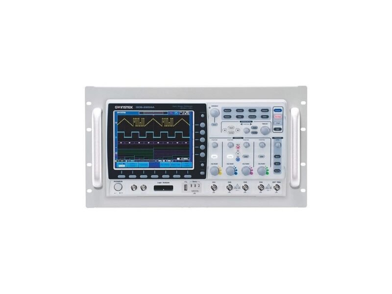 Instek_GRA-449-E_Usage_Image_1.jpg A digital oscilloscope featuring a display on top, showcasing waveforms and electronic signals in a laboratory setting.