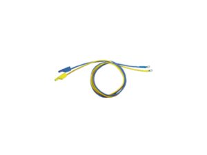 A yellow and blue cable featuring a matching yellow and blue connector, showcasing a vibrant color combination.