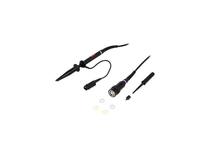 Instek_GTP-070B-4.jpg A black cord featuring a small black plug and a smaller black cord, neatly arranged for clarity and visibility.