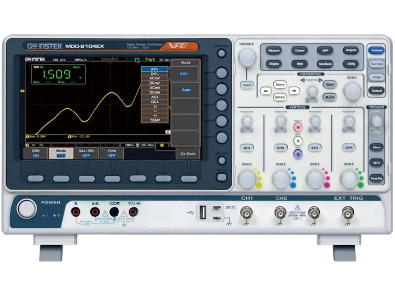 Instek_MDO-2104EX.jpg Instek MDO-2104EX - 4 Ch/100 MHz DSO with Spectrum Analyzer, 25 MHz AWG, DMM and Power Supply