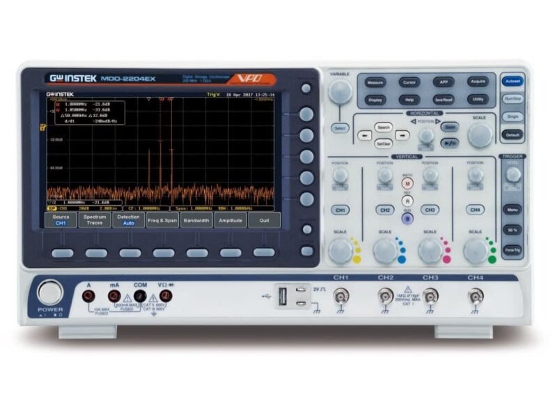 Instek_MDO-2204EX_Front.jpg Instek MDO-2204EX - 4 Ch/200 MHz DSO with Spectrum Analyzer, 25 MHz AWG, DMM and Power Supply