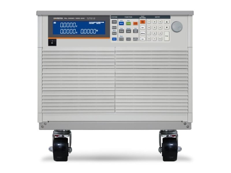 Instek_PEL-5006C-1200-240.jpg A large white and gray power supply unit mounted on wheels for easy mobility and transport.