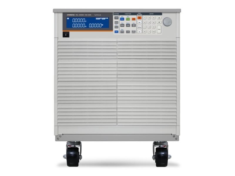 Instek_PEL-5008C-150-800.jpg A large white and gray power supply unit mounted on wheels for easy mobility and transport.