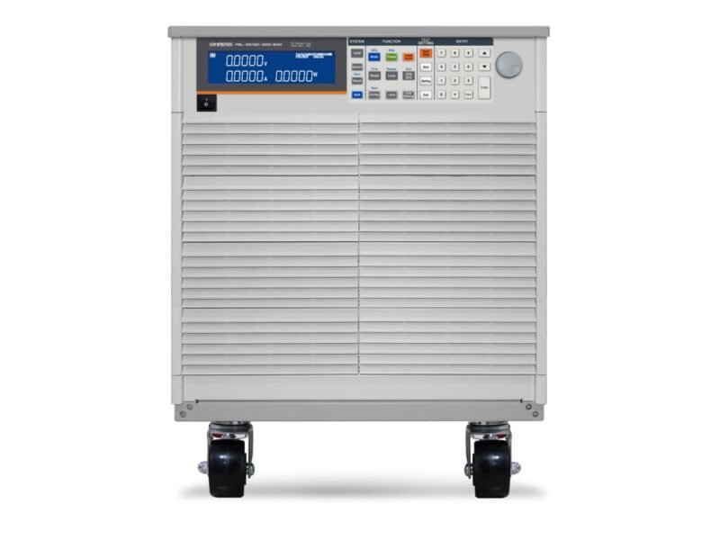 Instek_PEL-5012C-600-840.jpg A large white and gray power supply unit mounted on wheels for easy mobility and transport.