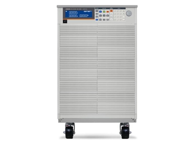Instek_PEL-5015C-150-1500.jpg A large white and gray power supply unit mounted on wheels for easy mobility and transport.