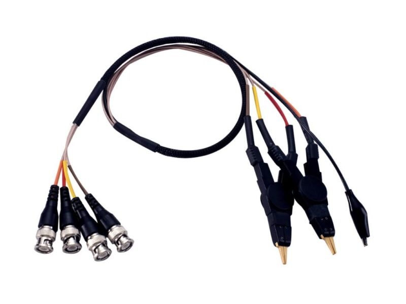 LCR-12-E12.jpg A cable featuring three distinct connectors and two wires, showcasing versatility in connectivity options.
