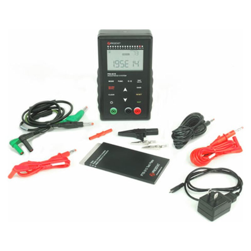 PRS-801B-Resistance-System.jpg A digital multimeter accompanied by a battery, cable, and various accessories for electrical measurements and diagnostics.