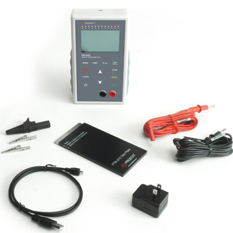 PRS-812B-Resistance-Meter.jpg A digital multimeter accompanied by a cable and various accessories, showcasing its functionality and versatility.