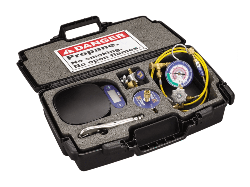 Yellow_Jacket_61001.png A portable gas cylinder kit featuring a hose and a hose clamp, designed for convenient gas storage and usage.