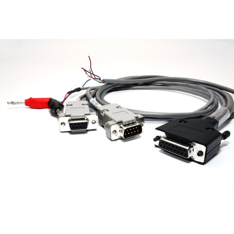 Two cables featuring a connector and an additional cable, arranged neatly for display or connection purposes.